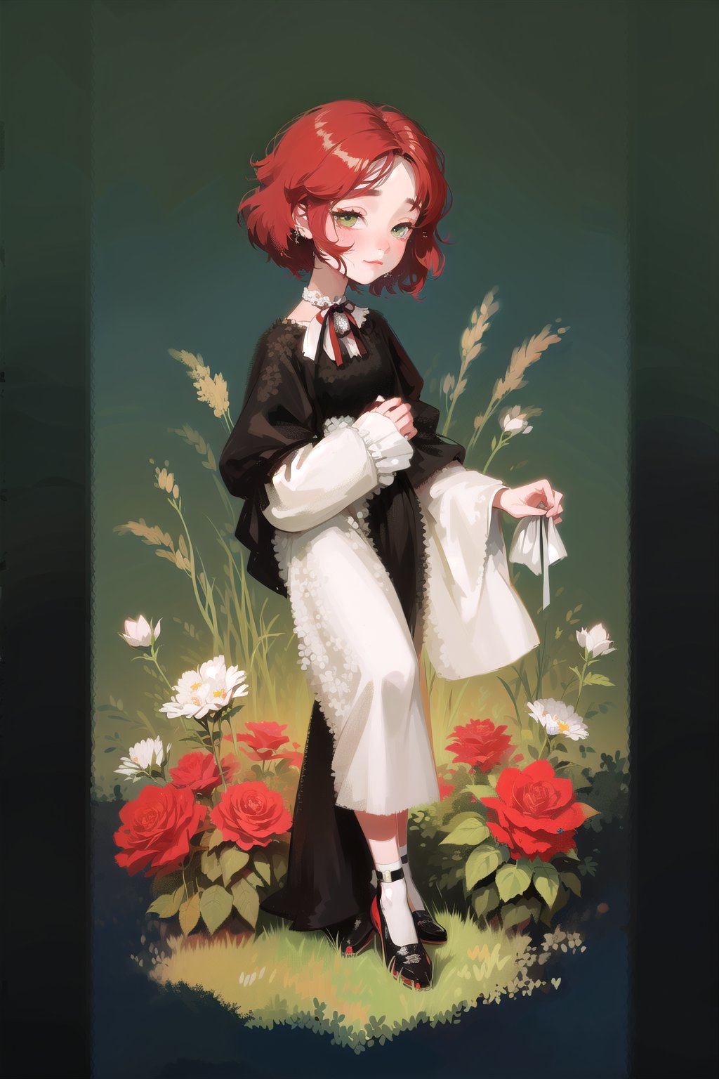 female, (masterpiece,  best quality,  ultra detailed,  absurdres)1.5, white shirt black dress neck ribbon, 1girl short hair, (simple background:.12),  red hair,  bangs,  looking_at_viewer, garden, grass, roses and leaves, gradient background, full body