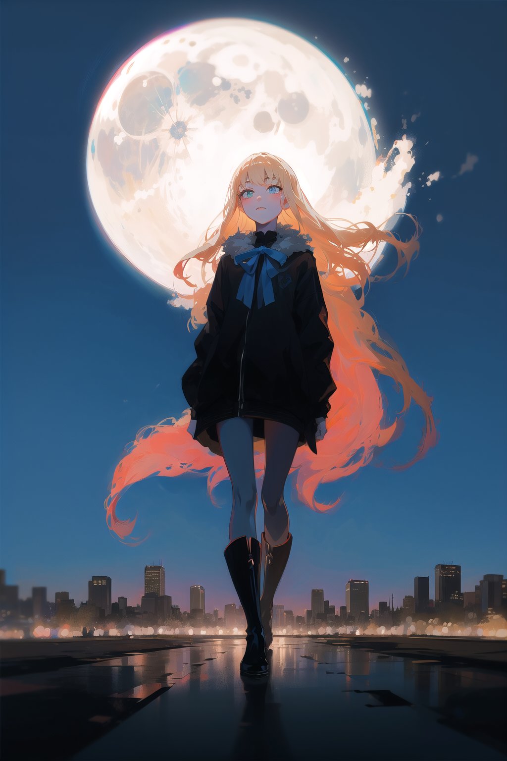 1girl, long hair, detailed face, blue background, blond hair, full body, asphalt, full body, (city:1.2), blue and black clothes, ribbon in hair, full body, black boots, solo, city, tarot artstyle, city, blue color palette, buildings, vibrant colors, dark theme, moon, asphalt floor, reflections, pale skin, asphalt, ,anime