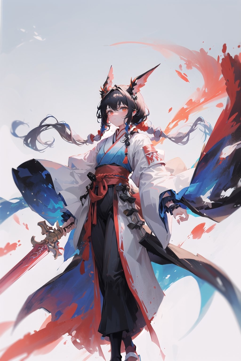 muelsyse (arknights),1girl, solo,hanfu,chinese clothes,splatter background, holding sword, best quality, amazing quality, very aesthetic, absurdres