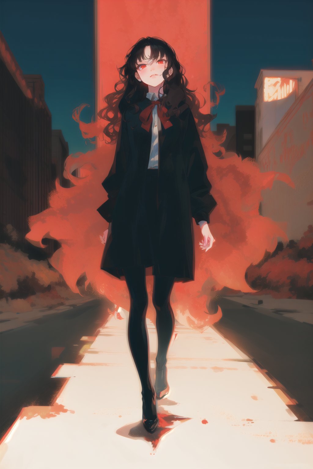 long black shiny hair,  ((wavy hair)),  red eyes,  1girl,  teenager,  city,  red and black clothes,  ribbon in hair,  full body