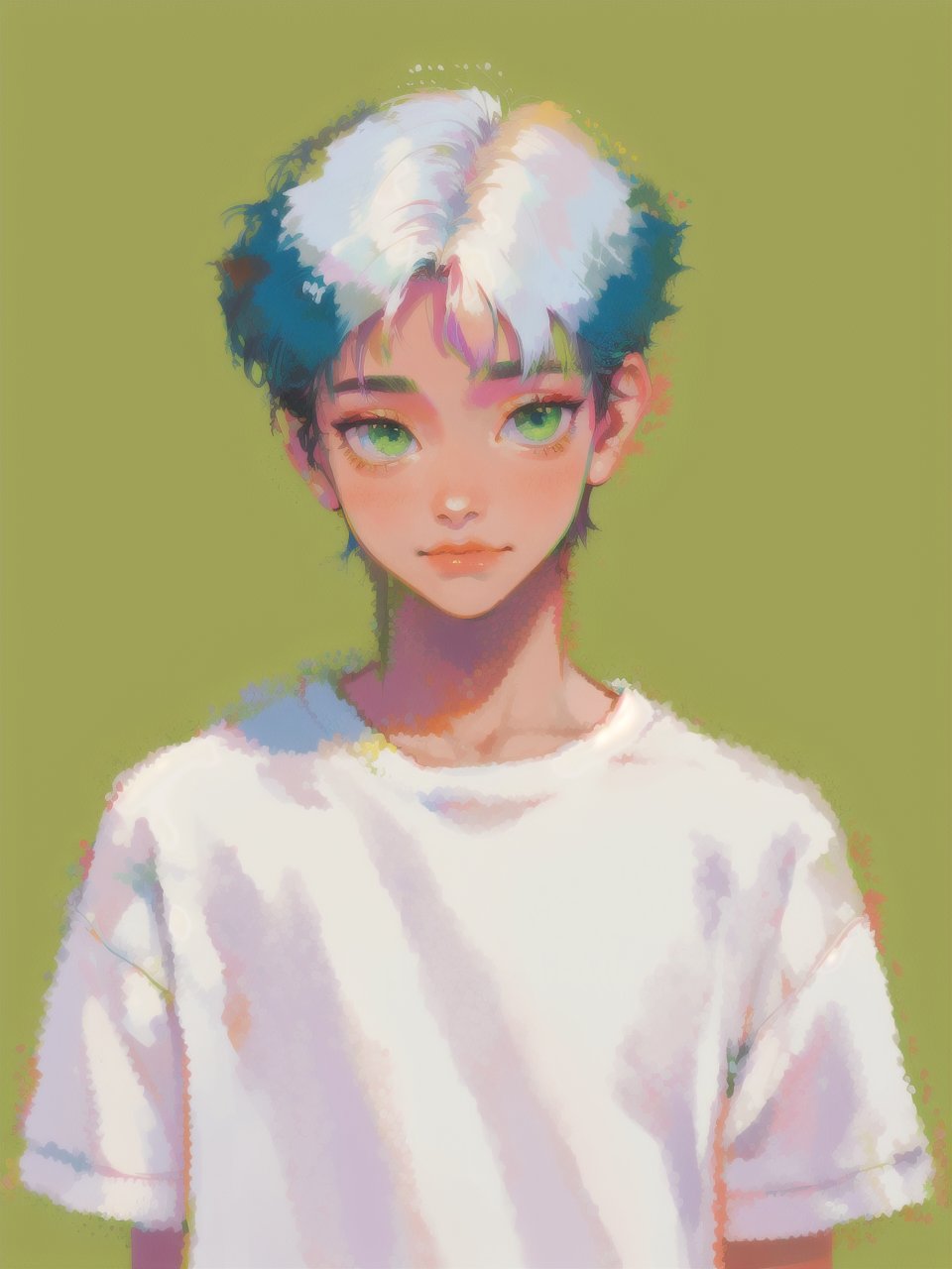 solo, 1boy, closeup, white t-shirt, colored hair, 1990s \(style\), tr90style, simple background, green eyes, simple t-shirt, gradient background