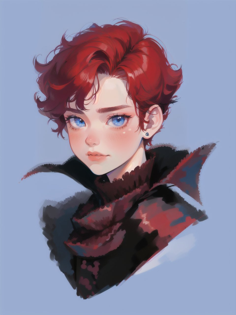 solo, 1boy, closeup, red hair, 1990s \(style\), tr90style, simple background, blue eyes, victorian, gradient background, vampire, blush, pale, sad, cute, prince, flat-artstyle, highres, high quality, masterpiece, subsurface scattering, full body, male focus, 