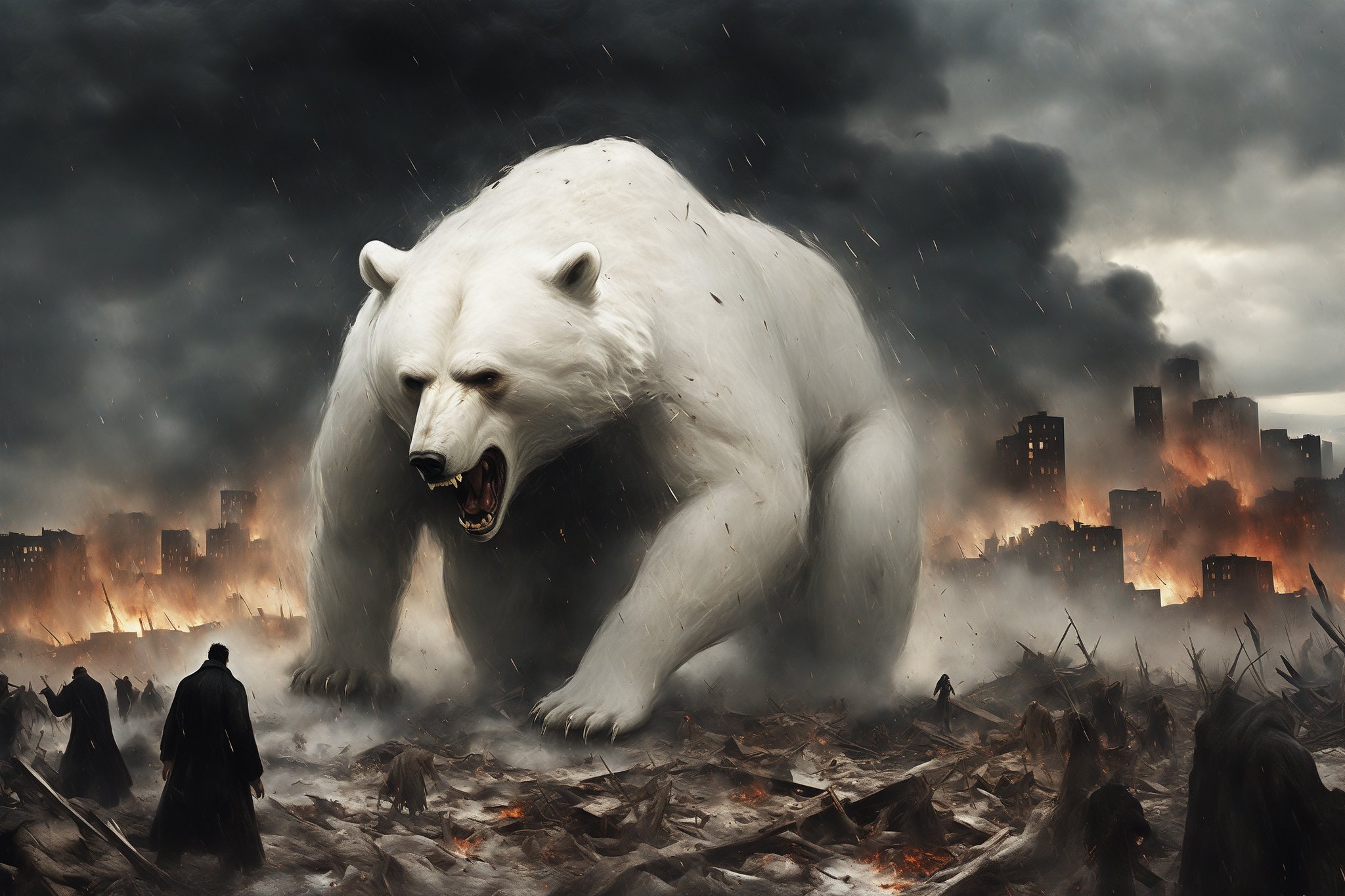 A monster giant white bear cries in the wind, ((fangs)), rampaging, over a desolate view of a destroyed city, fires raging, people scurrying around, painting, epic, masterpiece, atmospheric, High resolution, multiple details, each character has different clothes and weapons, a storm cloud is hanging over the whole scene , in the style of esao andrews,LegendDarkFantasy,style of Edvard Munch,Edvard Munch style, Edvard Munch art,Edvard Munch