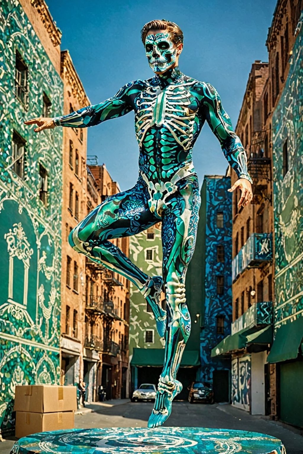 A majestic male ballet dancer with intricate blue metal patterns adorning his skeletal structure. The dancer is jumping in the air, amidst a city theater backdrop, surrounded by various fake cardboard cars and streets. The color palette is dominated by green and white, with the manr's skeleton shining, being the most prominent feature, contrasting beautifully with the background elements.,bold line,glitt3r