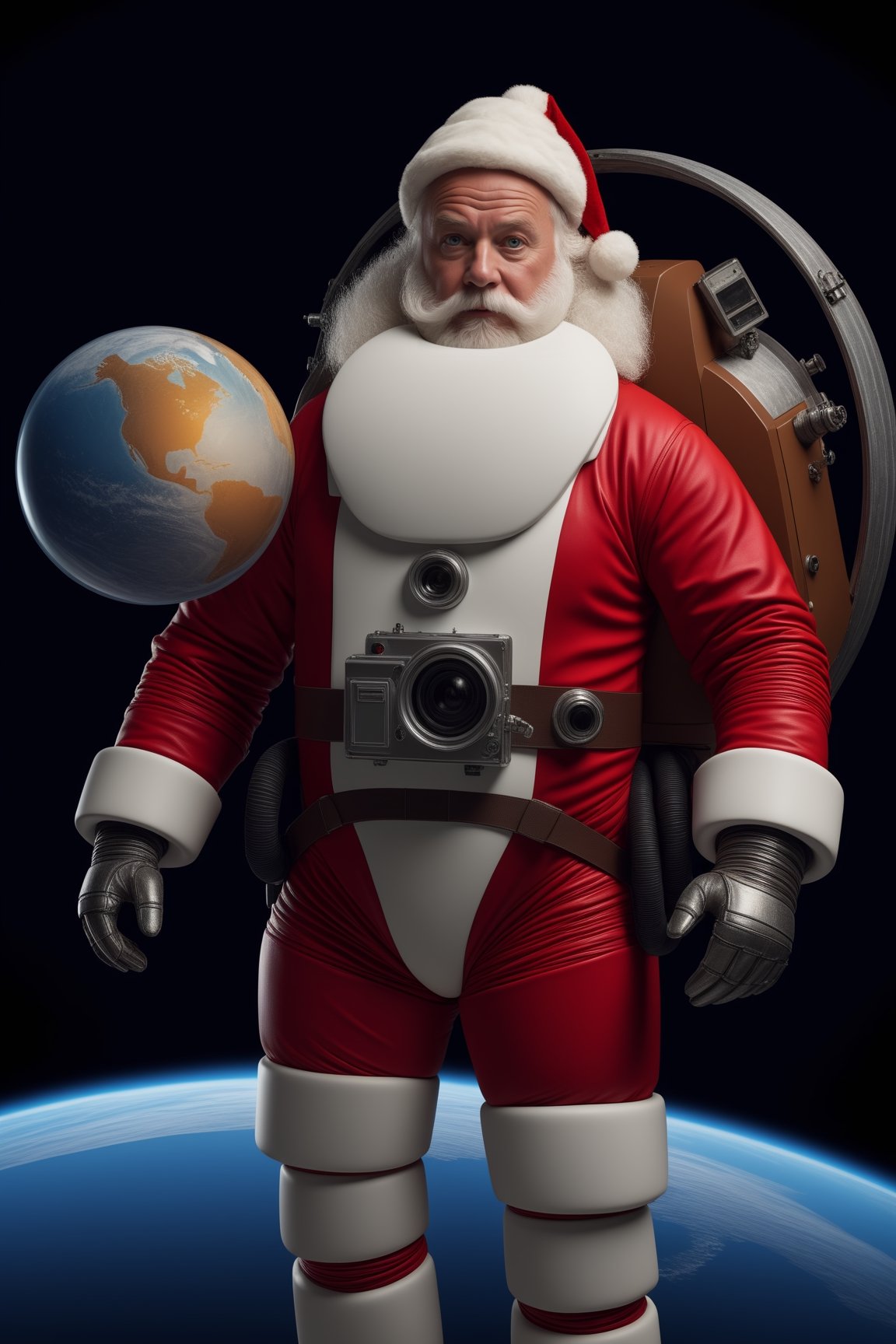 Full body portrait, wide-angle, Cinematic results,  image of a spaceman santa Claus, an old man with a big white beard wearing a futuristic space suit, big and round, with a huge helmet, in a white and red color scheme, floating in space, with planet earth on the background, Raw photo, analog, skin texture , high detail photography, blemishes, 35 mm, high quality image, medium format camera, Hasselblad, ultra high quality, insane detail, movie like light, Hyper realistic, perfect eyes, perfect hands, no makeup, volumetric lighting ,aw0k euphoric style,steampunk style,hightech_robotics,Movie Still,<lora:659095807385103906:1.0>