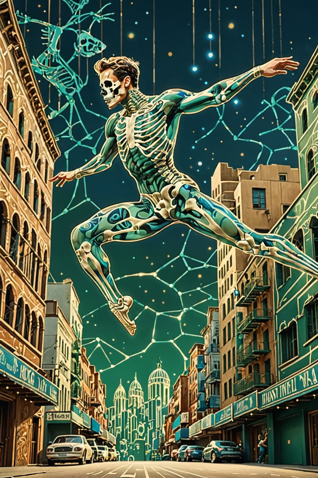 A majestic male ballet dancer with intricate blue metal patterns adorning his skeletal structure. The dancer is jumping in the air, amidst a city theater backdrop, surrounded by various fake cardboard cars and streets. The color palette is dominated by green and white, with the manr's skeleton shining, being the most prominent feature, contrasting beautifully with the background elements.,bold line,glitt3r