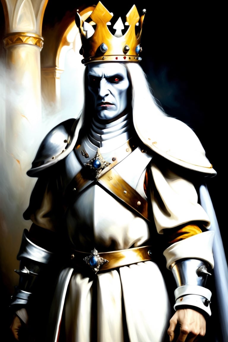 photorealistic, analog, skin texture,perfecteyes eyes

Break

Generate a photorealistic image of the White King in chess, depicted as a regal figure wearing a majestic robe and sn imposing crown, made of the finest silver and jewels, and a modern suit of armor crafted from fine white materials. He should be portrayed with a fighting stance,(((with a sword over his head and screaming))) , wearing a silver crown atop his head, symbolizing his royal status. The background should be a battlefield between white clad and black clad soldiers
, in the style of esao andrews,more detail XL,esao andrews style
