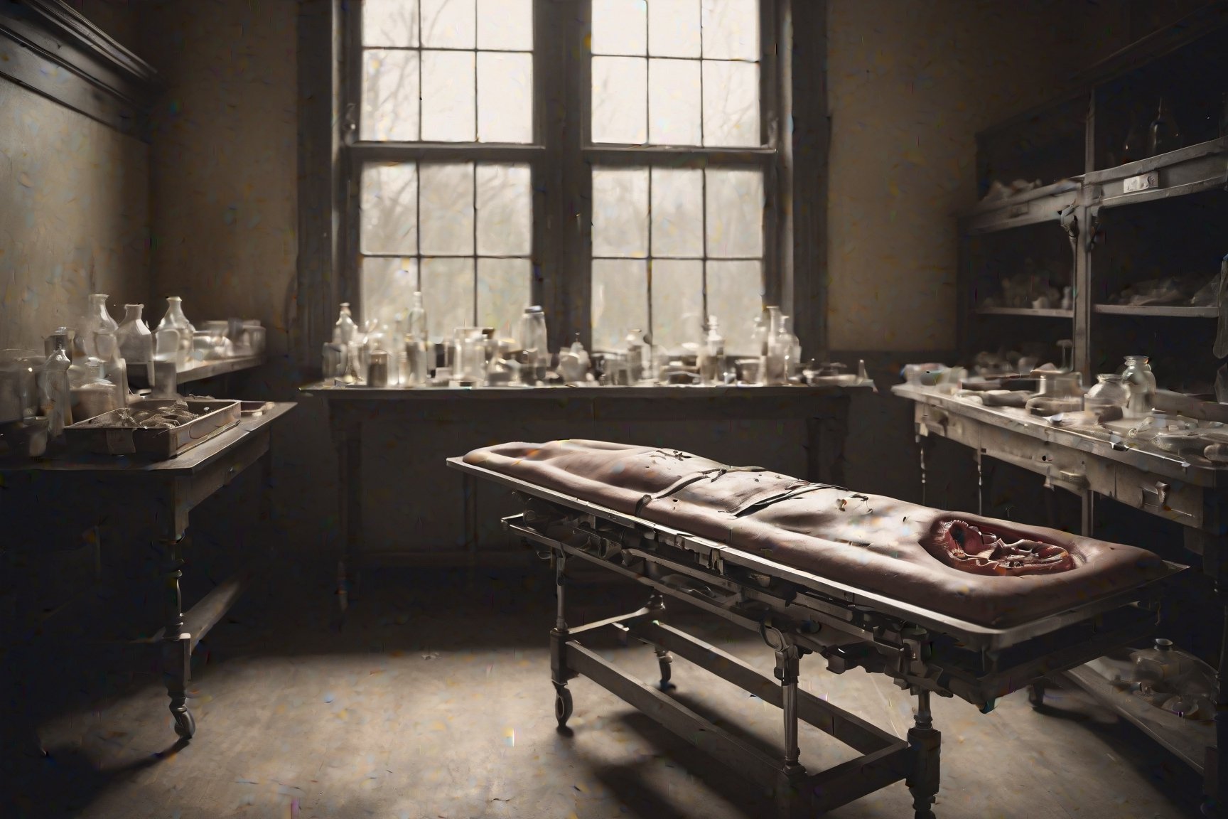 A vintage dissection table at a Victorian morgue, beautiful photo, light from the windows, cozy interior, perfect composition, beautiful detailed intricate textures, medium format camera, Hasselblad, muted colors