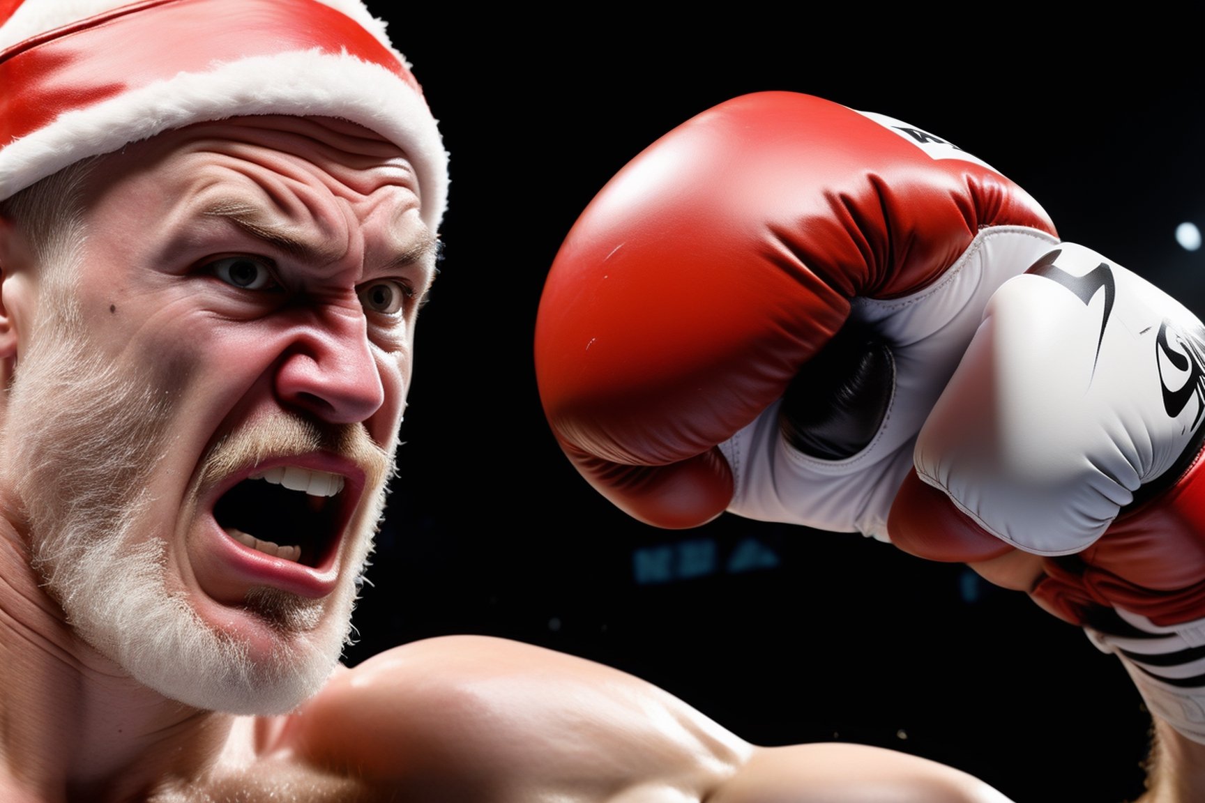 One santa Claus, Santa Claus in a boxing match. A close-up illustration featuring the face of Santa Claus, in his iconic red and white hat, and GETTING PUNCHED HARD IN THE FACE, in the style of esao andrews,Movie Still