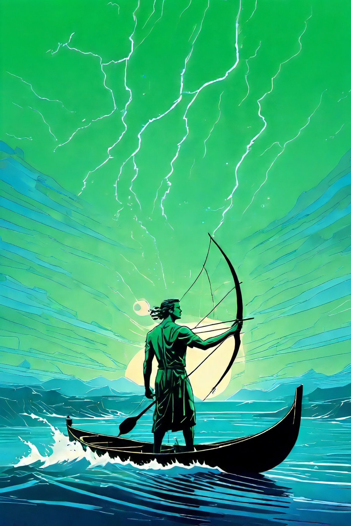 Illustration in the style of Cleon Peterson, The fisher god, he of the oar and the net, winds are his hair and his boat is swifter than lightning.  Sirius is in his bow, the whole y galaxy is his sail, illustrations, two color lineart, green and blue, sea colors 