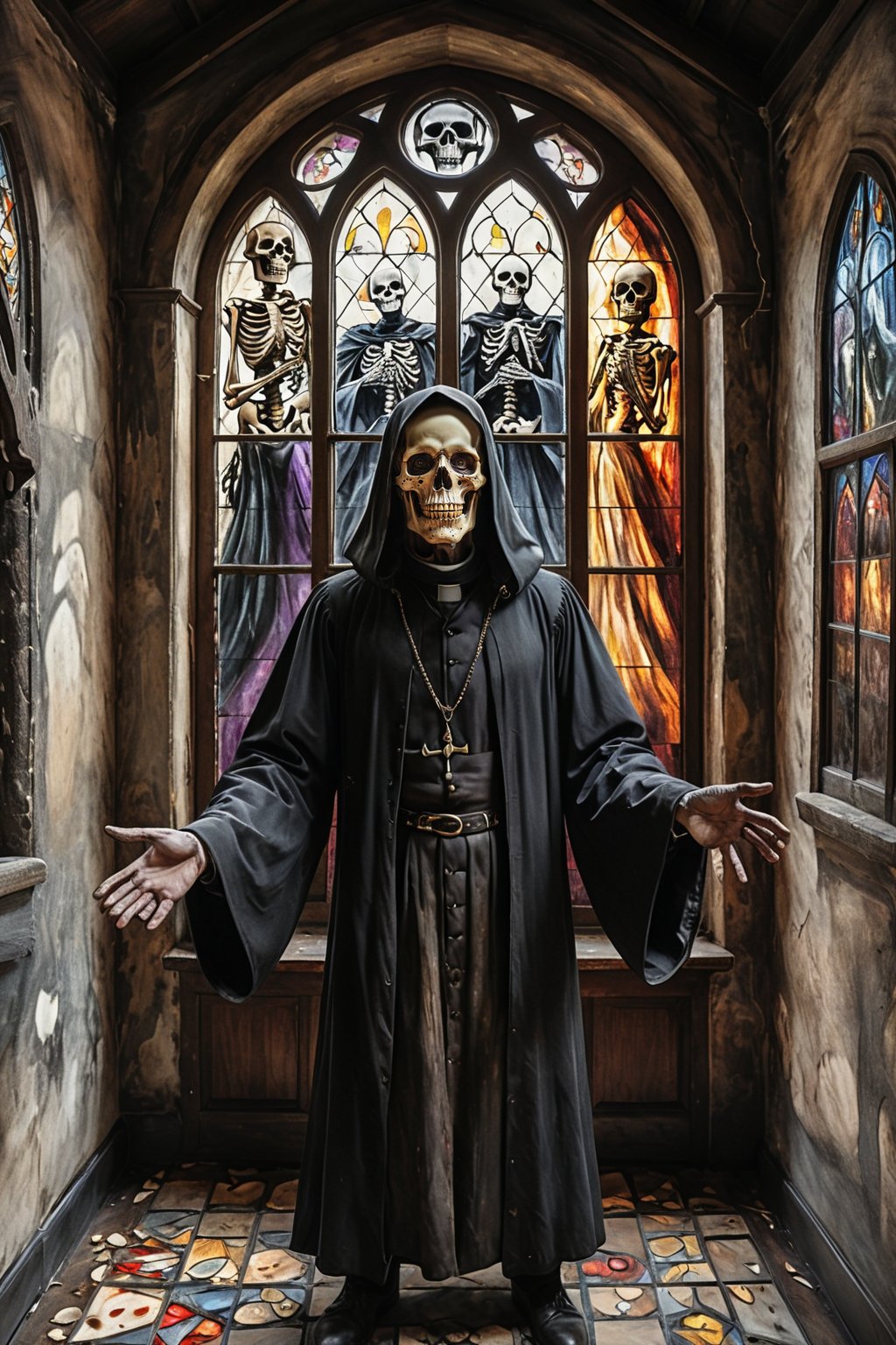 Death, the grim reaper as a creepy priest man in dirty bloodstained cassock , skeleton face, black hole eyes, gold teeth , standing in an old chapel with stained glass windows, portrait, half body portrait, holding out his hand to shake, eerie, cinematic, moody lights,style of Edvard Munch,Edvard Munch style, Edvard Munch art