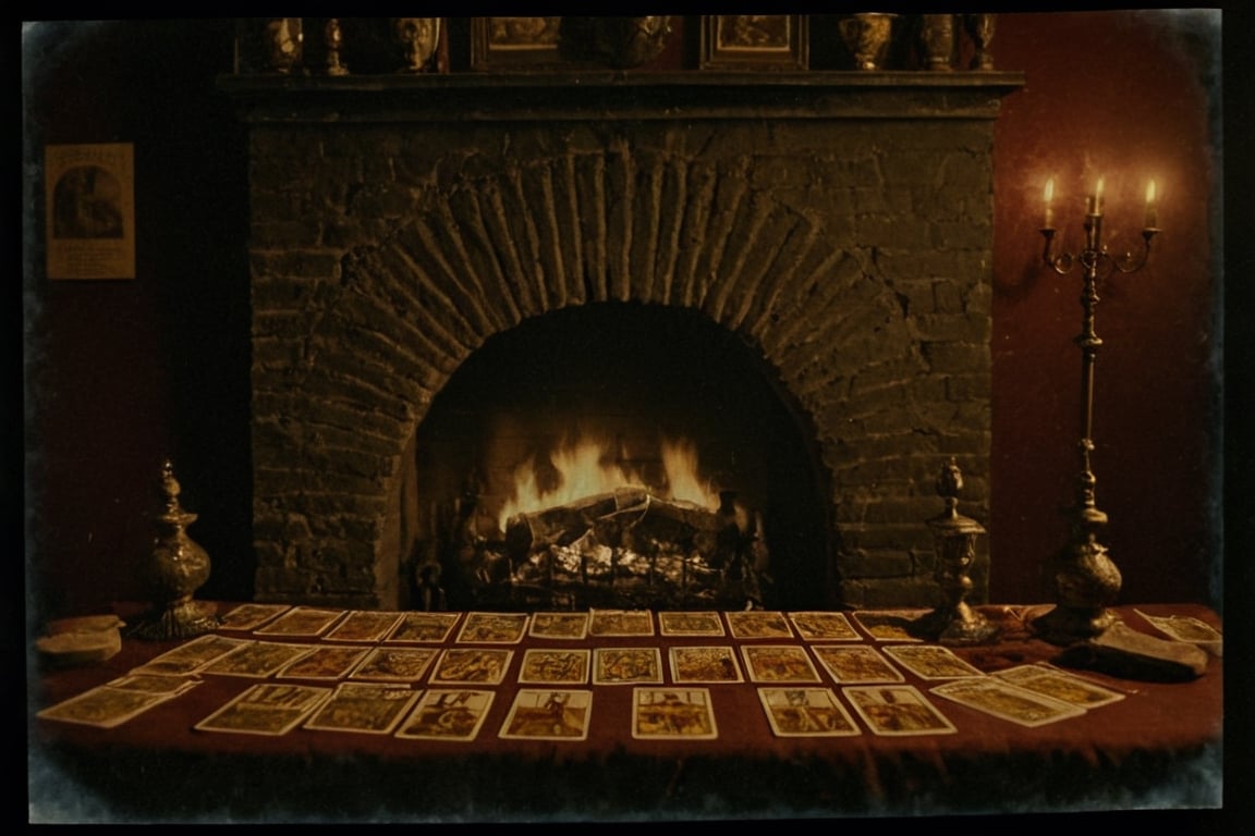 Twelve tarot csrds on a dark and foreboding table, the spirit of a dead man is floating in the victorian room, the light of the fireplace illuminate the carnage on the background, rule of thirds, intricate, volumetric lighting, beautiful, rich deep colors masterpiece, sharp focus,Movie Still,more detail XL, cinematic moviemaker style,tintime,cyanotime
