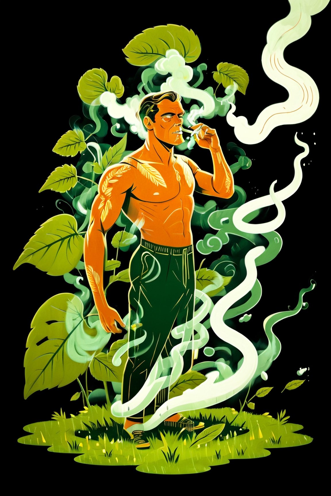Illustration in the style of Cleon Peterson, The god of grass,male, smoking, lots of leaves, smoke, floating in the air, wuld garden illustrations, two color lineart, thick lines, calygraphy, dark orange and gold, dark green, style of Hsiao Ron Cheng 