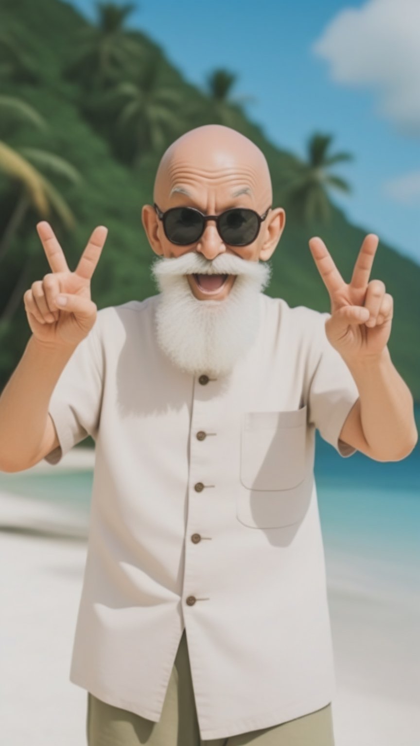 Photorealistic, analog photo, raw, a bald and smiling man, with dark sunglasses, it's Muten Roshi from Dragon ball. He's making the peace sign. He's in a small tropical island, with a giant sea turtle 