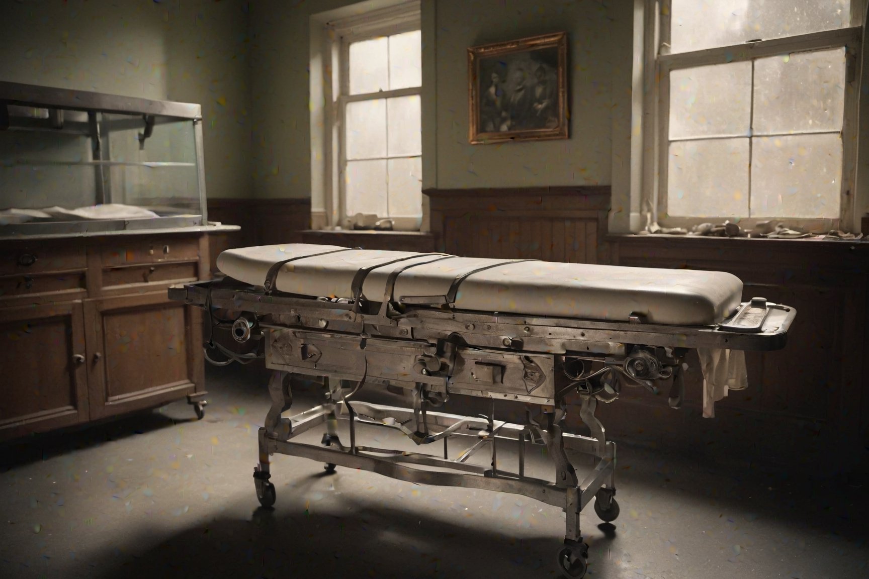 A vintage dissection table at a Victorian morgue, beautiful photo, light from the windows, cozy interior, perfect composition, beautiful detailed intricate textures, medium format camera, Hasselblad, muted colors