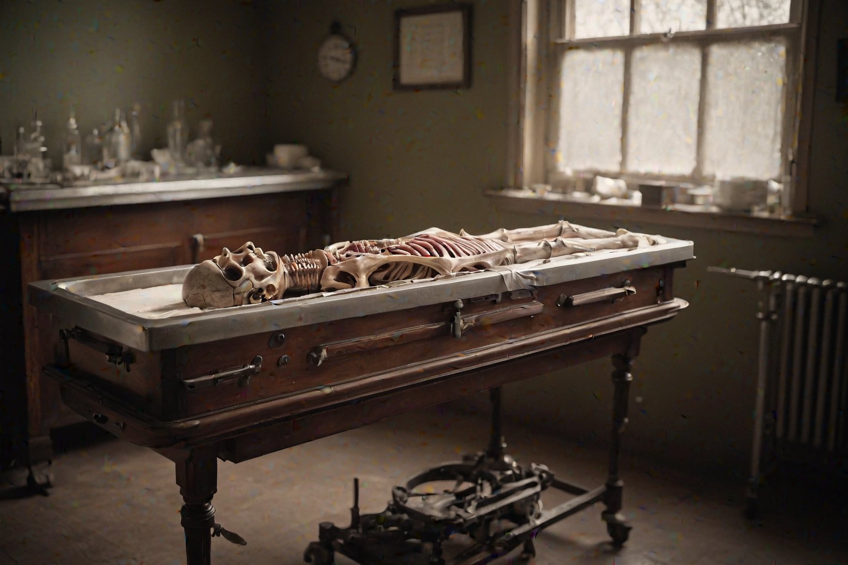 A vintage dissection table at a Victorian morgue, beautiful photo, light from the windows, cozy interior, perfect composition, beautiful detailed intricate textures, medium format camera, Hasselblad, muted colors