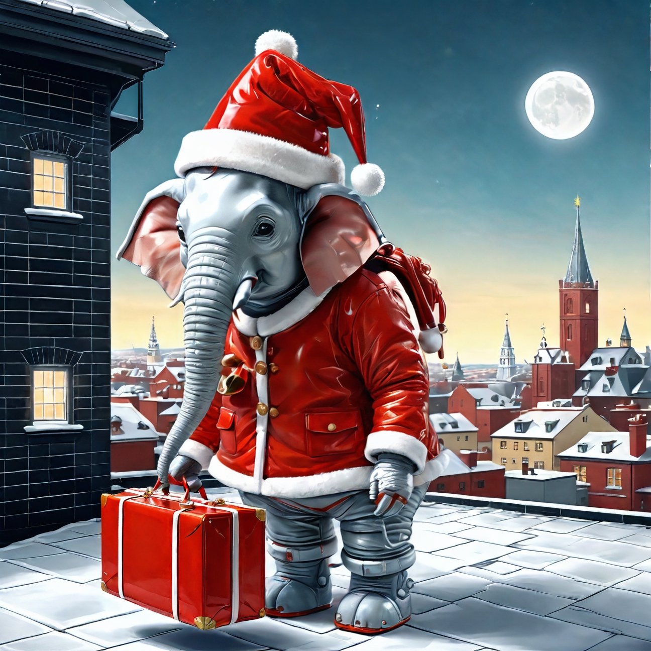 A robot elephant, with metallic bicolor body, red and white, a faux white beard and a Christmas hat, carrying a big red bag with his trunk, on a roof near a chimney, ultra high quality image, detailed, complex details, space background, full body image 