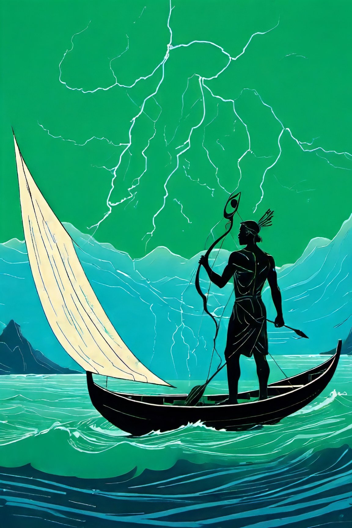 Illustration in the style of Cleon Peterson, The fisher god, he of the oar and the net, winds are his hair and his boat is swifter than lightning.  Sirius is in his bow, the whole y galaxy is his sail, illustrations, two color lineart, green and blue, sea colors 