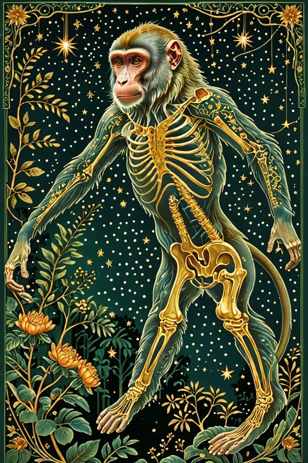 A majestic macaque with intricate gold metal patterns adorning his skeletal structure. The dancer is jumping in the air, in the jungle backdrop, surrounded by stars and constellations illustrations beautiful. The color palette is dominated by dark blue, green, black and white, with the skeleton shining, being the most prominent feature, contrasting beautifully with the background elements.