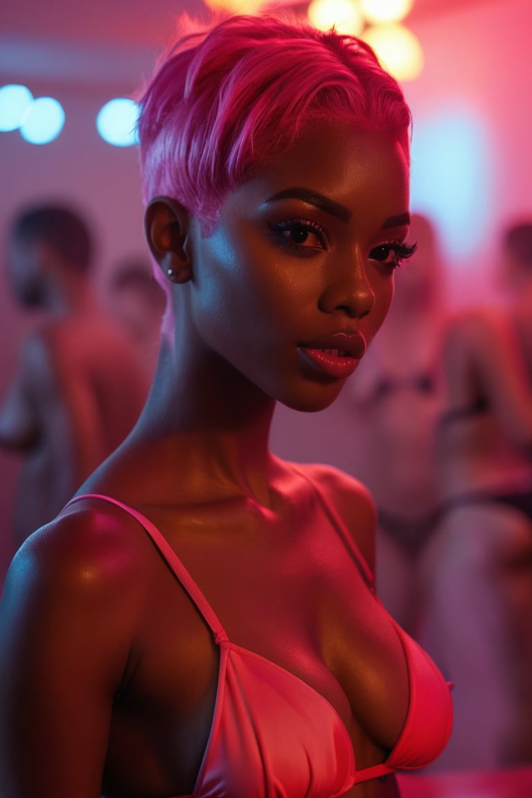 Black bikini model, pink hair, red light, full body image 