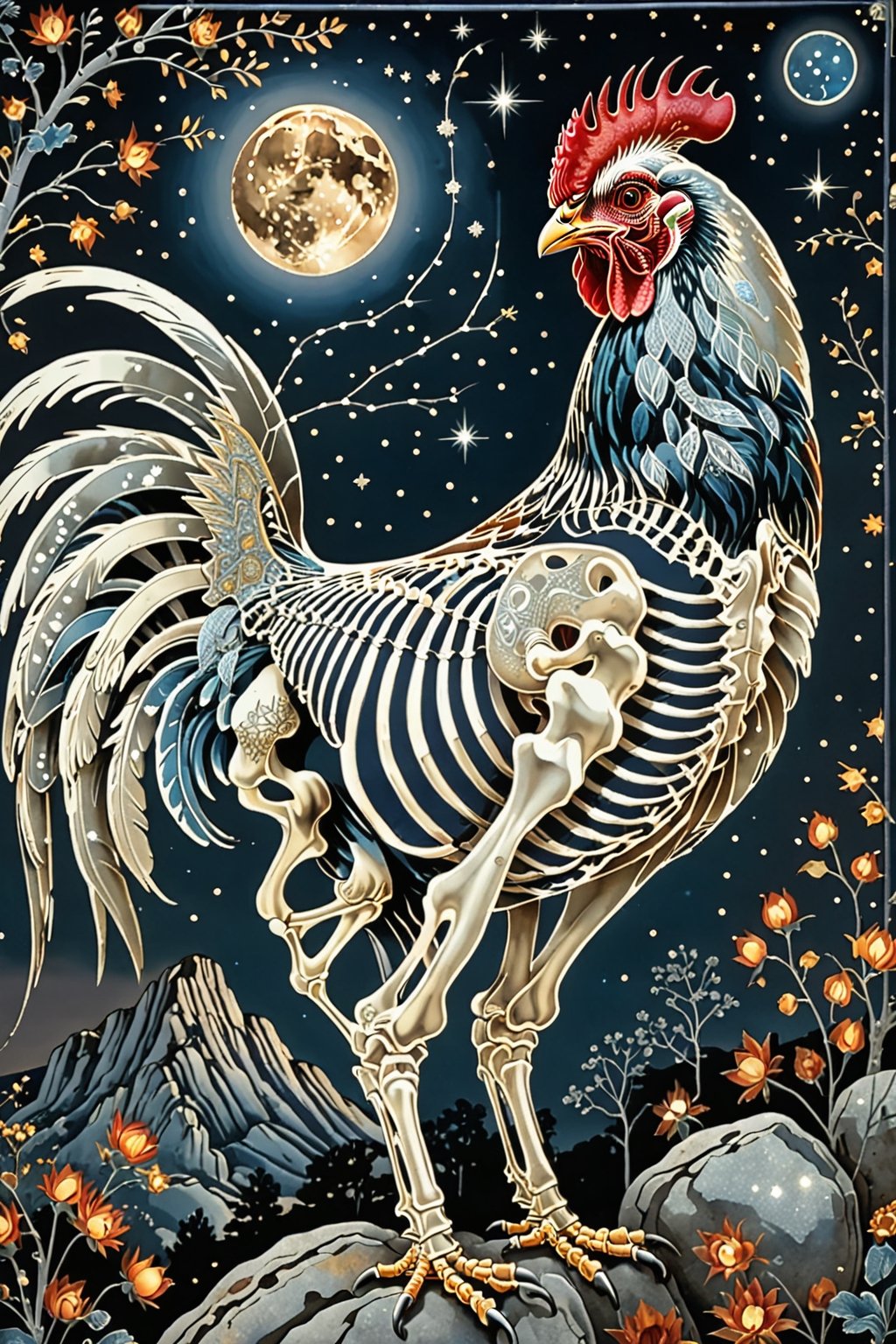 A majestic rooster with intricate silver metal patterns adorning his skeletal structure. Climbing rocks in the country backdrop, surrounded by stars and constellations, illustrations, beautiful. The color palette is dominated by dark blua, silver, black and white, with the skeleton shining, being the most prominent feature, contrasting beautifully with the background elements.