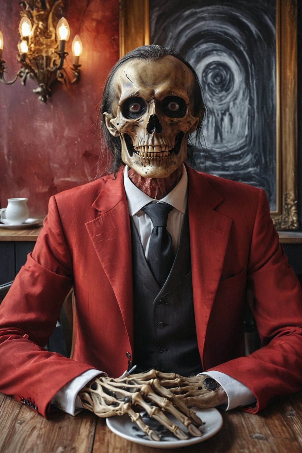  Death, the grim reaper as a creepy business man in red luxurious suit, skeleton face, black hole eyes, gold tie, sitting in a small fancy cafe in a European city, photorealistic portrait, half body portrait, eerie, cinematic, moody lights,style of Edvard Munch