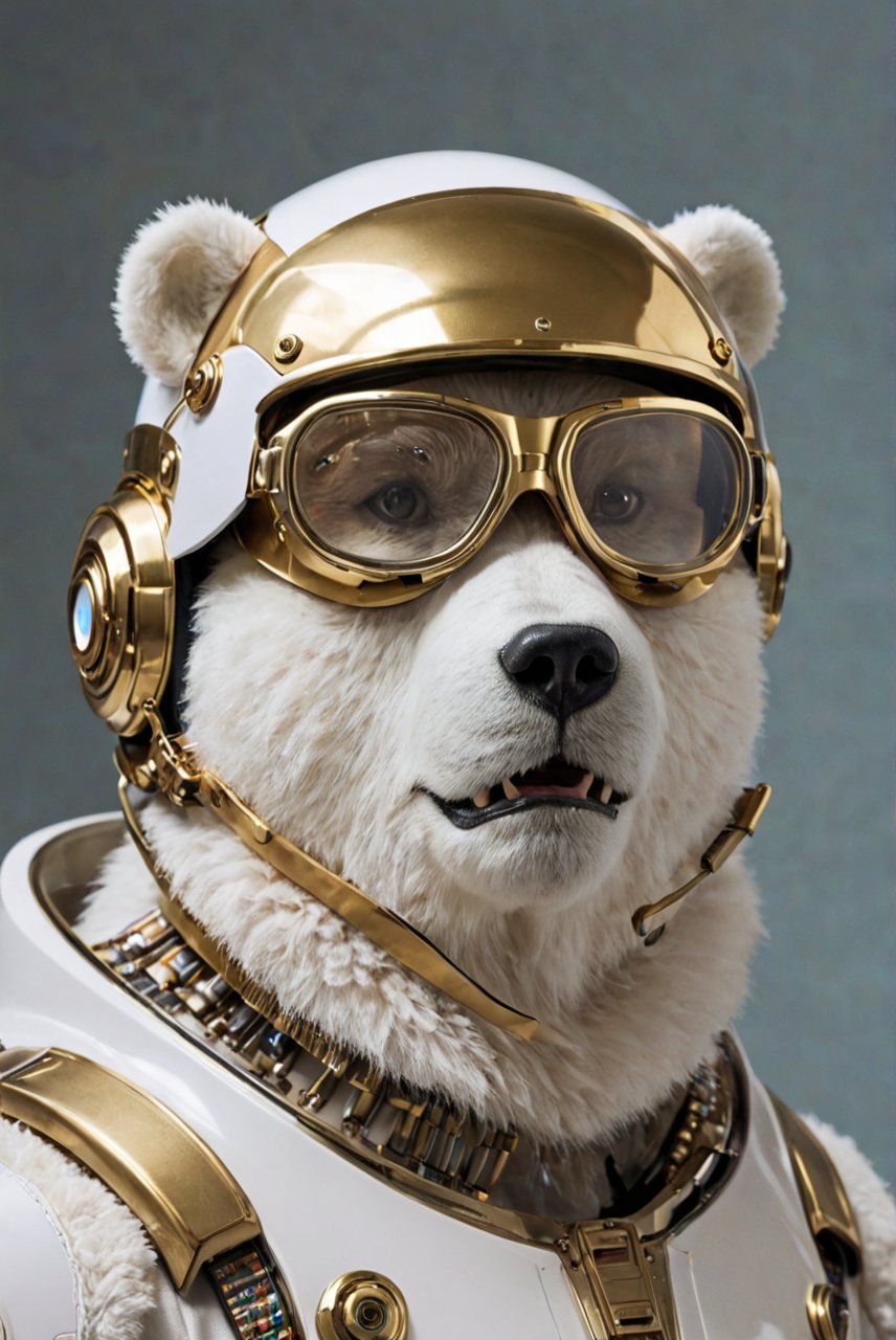 future technology,science fiction,streamlined construction,internal integrated circuit,driver's helmet,bear, (bear face),white fur, short fur, gold-rimmed glasses, fangs, cool