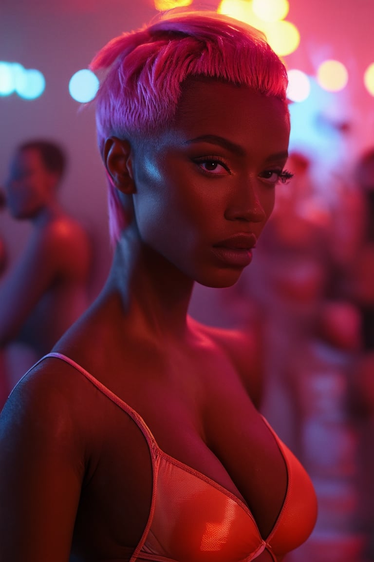 Black bikini model, pink hair, red light, full body image 