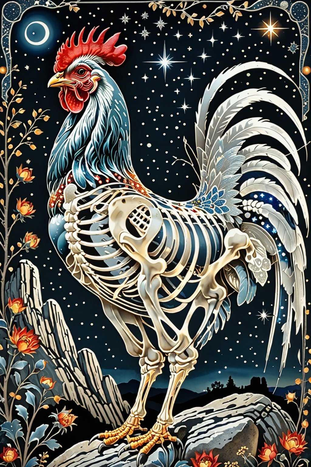 A majestic rooster with intricate silver metal patterns adorning his skeletal structure. Climbing rocks in the country backdrop, surrounded by stars and constellations, illustrations, beautiful. The color palette is dominated by dark blua, silver, black and white, with the skeleton shining, being the most prominent feature, contrasting beautifully with the background elements.