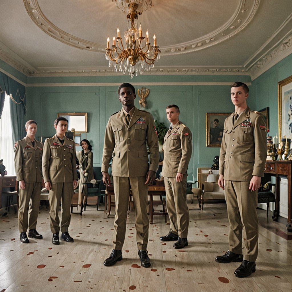 style of Miles Aldridge, 
A military crew is preparing for the operation of their lives, the assassination of the President, 
minimalist decorations, professional serene lighting, Wide Angle, 360 Panorama, high detail, 