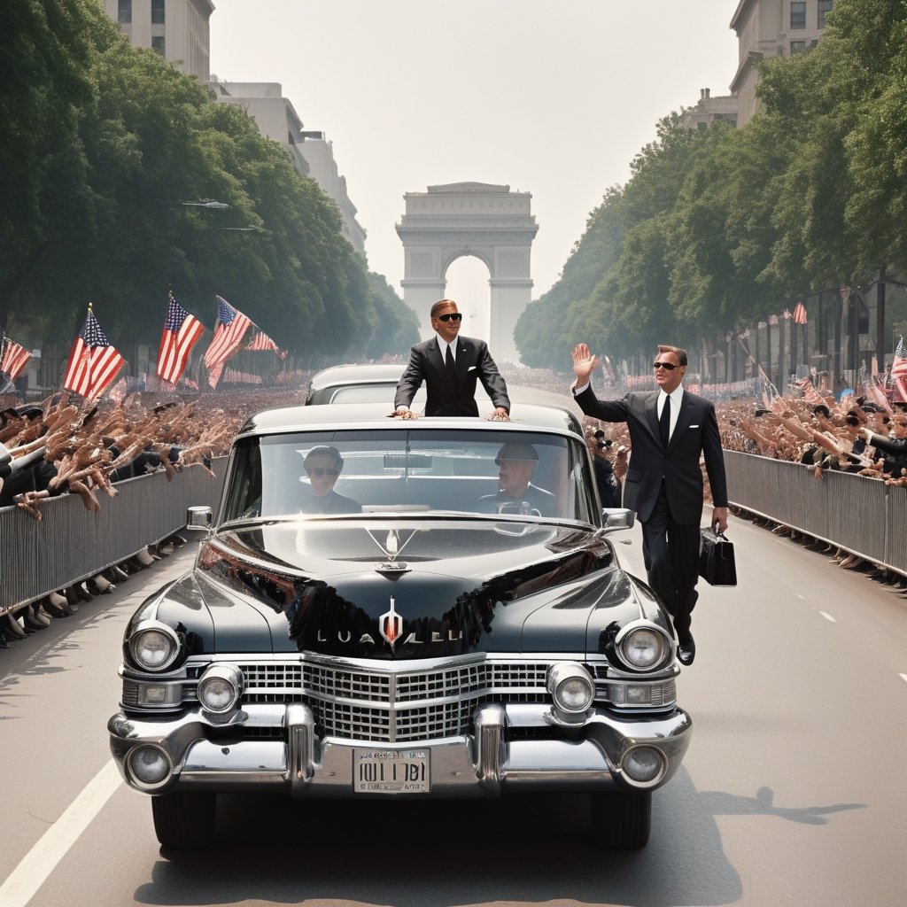 The president is riding in an open top car trough a big city avenue, the president and his wife are riding on the back seat of the car, waving to the crowd, ((a massive crowd watching)), (a big 1950s open limousine) , beside the car a security guard, secret service, with suit, sunglasses and a earpiece, running beside the car, overcast day, dynamic pose, great composition, high quality image, medium format camera, Hasselblad ,laura,dollskill,REALISTIC,Raw Photo,art_booster,MarianKelly