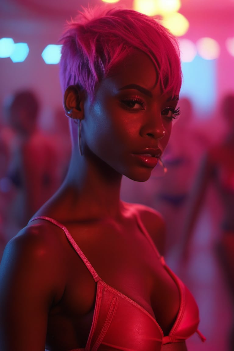 Black bikini model, pink hair, red light, full body image 