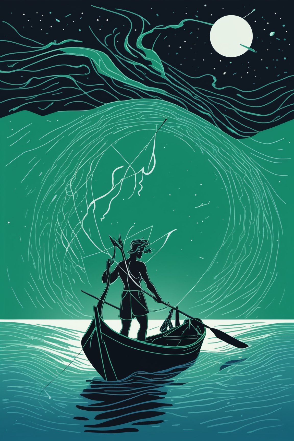 Illustration in the style of Cleon Peterson, The fisher god, he of the oar and the net, winds are his hair and his boat is swifter than lightning.  Sirius is in his bow, the whole y galaxy is his sail, illustrations, two color lineart, green and blue, sea colors 