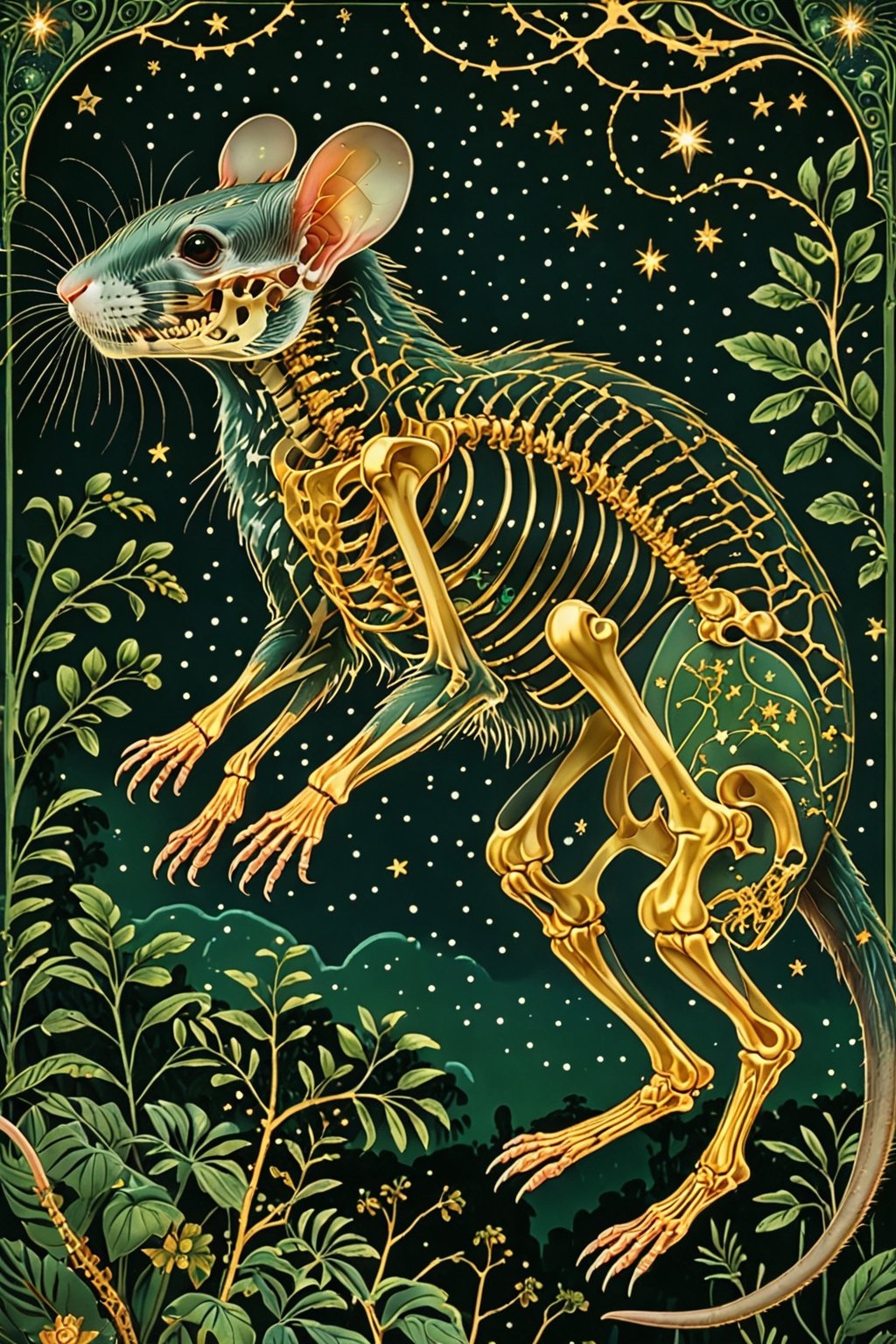 A majestic rat with intricate gold metal patterns adorning his skeletal structure. Jumping in the air, attacking with bared fangs, in the jungle backdrop, surrounded by stars and constellations, illustrations, beautiful. The color palette is dominated by dark blue, green, black and white, with the skeleton shining, being the most prominent feature, contrasting beautifully with the background elements.