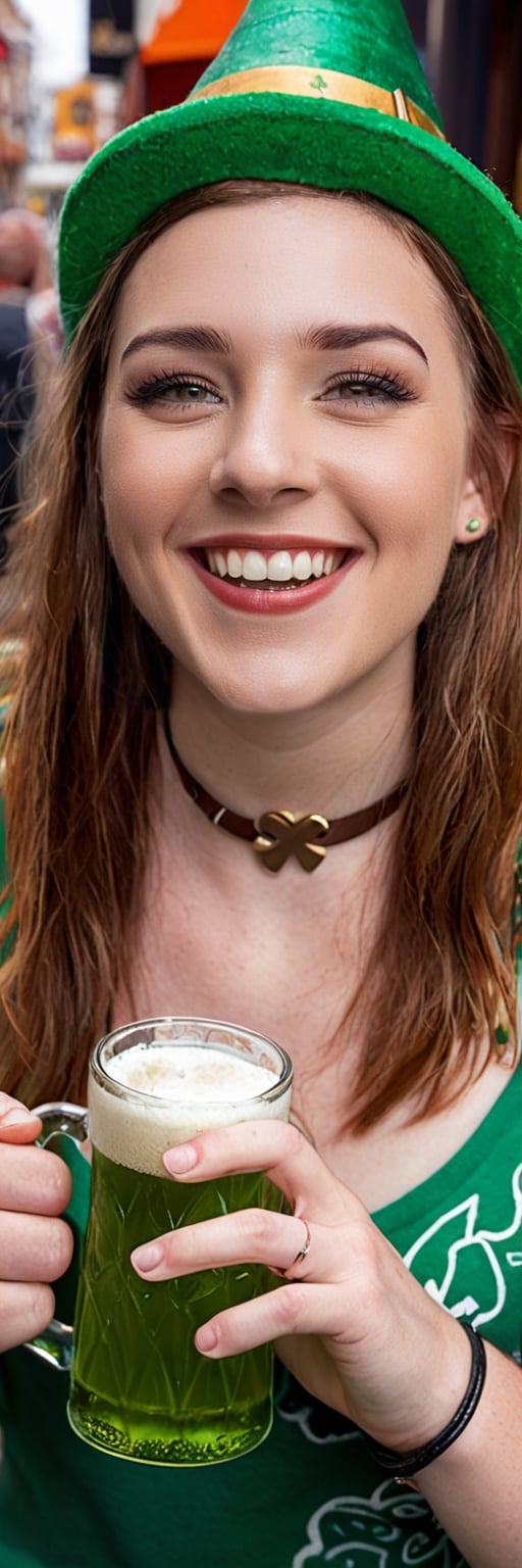 A beautiful 23 year old Irish girl, ((smiling and having fun)), green tshirt with a leprechaun, a silly and funny green hat, , a green choker adorned with a small metal shamrock, ((green beer in hand)) , sassy, attitude, having fun on a street party in an European city, shouting, raising the glass, doing the peace sign, drinking the green beer, street, cool trendy street photography,raw photo, ((nighttime)) , in the style of esao andrews