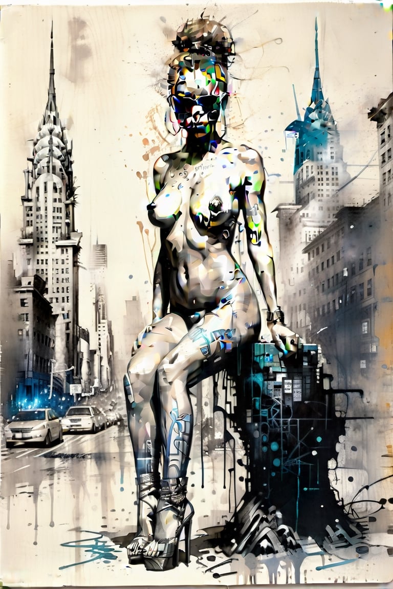 full color painting of nude squatting cyberpunk black African woman with cyberpunk-sunglasses, high heel shoes, M shape with legs, (perfect hourglass figure),(perfect perky tits), (((Grafitti art) (by Carne Griffiths))), on a photographic miniature NYC, complete with miniature empire state building, Chrysler building, she is big, the city small, she towers over it, insane details, intricate details, hyperdetailed, low contrast, soft cinematic light, dim colors, exposure blend, hdr, faded,HellAI,p3rfect boobs,more detail XL