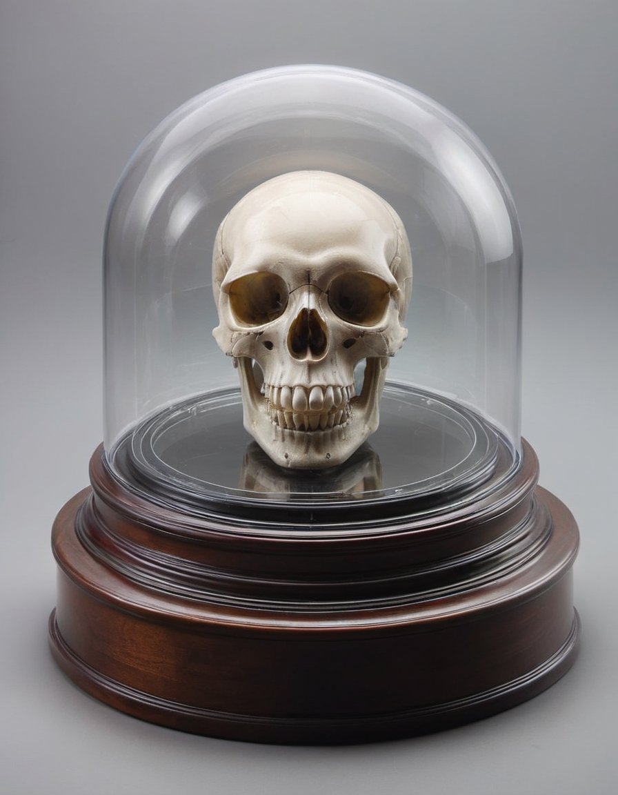 round domed display case for a crystal human skull 