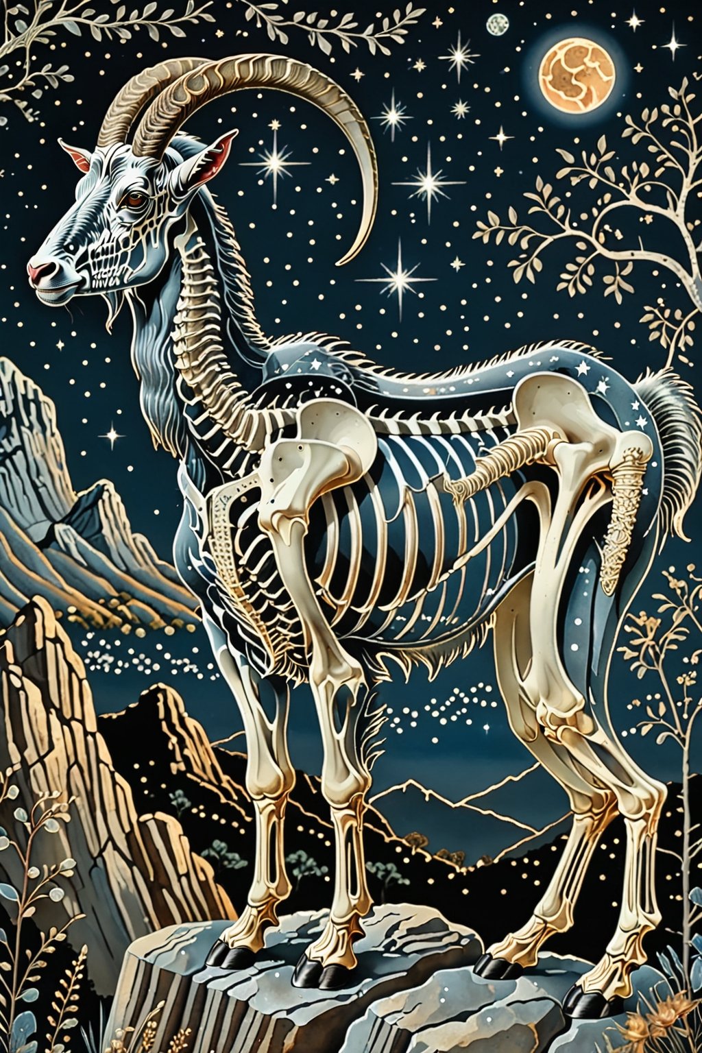 A majestic billy goat with intricate silver metal patterns adorning his skeletal structure. Climbing rocks in the country backdrop, surrounded by stars and constellations, illustrations, beautiful. The color palette is dominated by dark blua, silver, black and white, with the skeleton shining, being the most prominent feature, contrasting beautifully with the background elements.