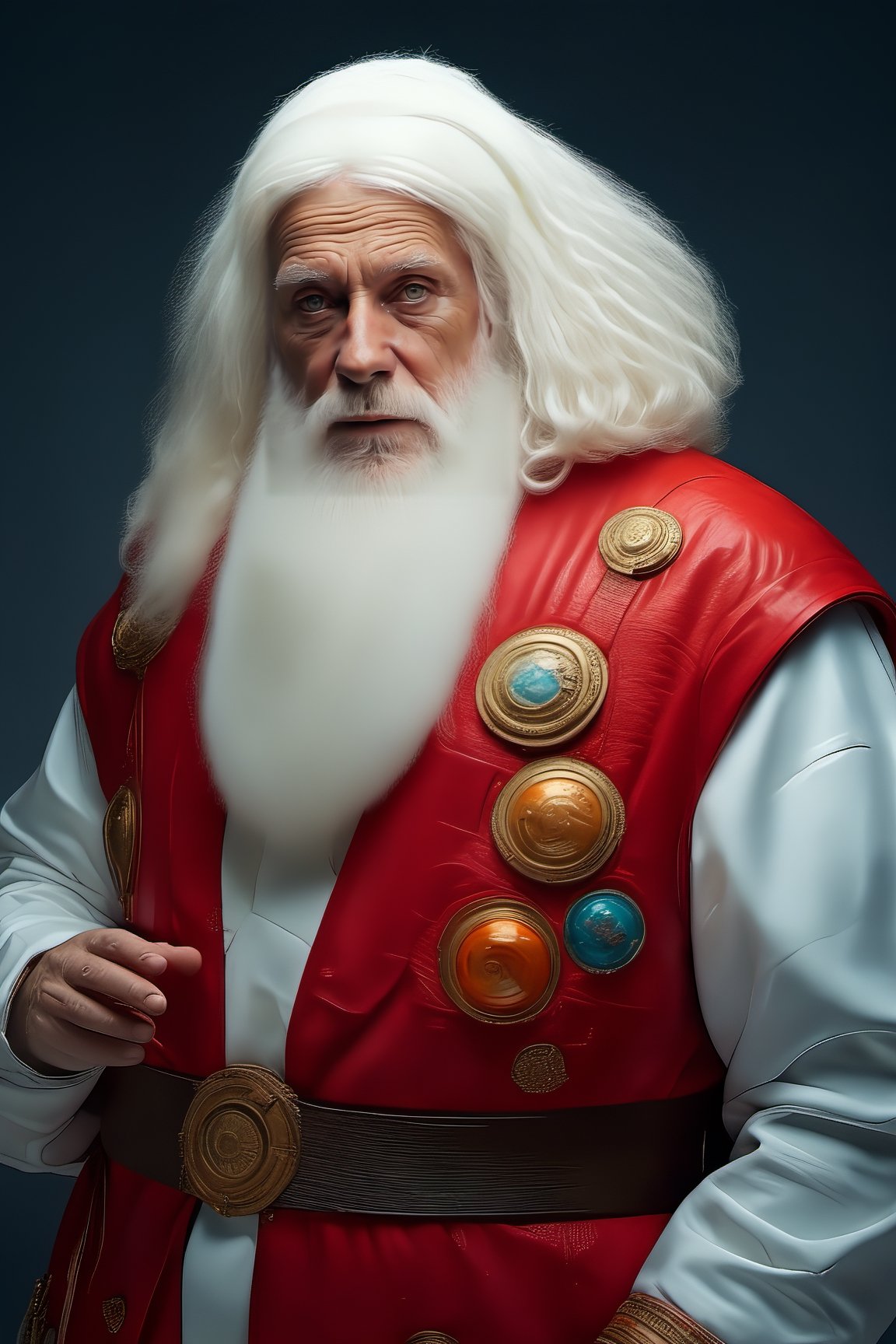 Full body portrait, wide-angle, Cinematic results,  image of a spaceman santa Claus, an old man with a big white beard wearing a futuristic space suit, big and round, in a white and red color scheme, floating in space, with planet earth on the background, Raw photo, analog, skin texture , high detail photography, blemishes, 35 mm, high quality image, medium format camera, Hasselblad, ultra high quality, insane detail, movie like light, Hyper realistic, perfect eyes, perfect hands, no makeup, volumetric lighting ,<lora:659095807385103906:1.0>