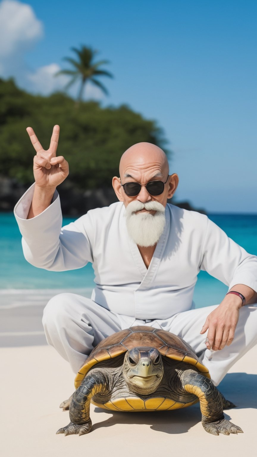 Photorealistic, analog photo, raw, a bald and smiling man, with dark sunglasses, it's Muten Roshi from Dragon ball. He's making the peace sign. He's in a small tropical island, with a giant sea turtle 