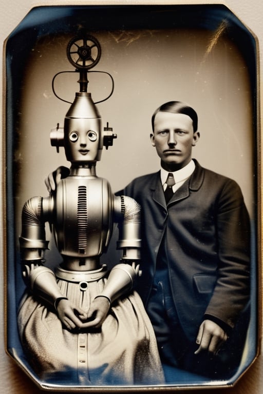 1856 robotpunk scene captured in a daguerreotype, a metallic tin man, clockwork and steam engine, infused with stylistic elements of August Macke and Mary Fedden, with the high-fashion dynamism characteristic of Markus Klinko, timeless, expressive, meticulous, evocative, hyperrealistic, high definition, with perfect composition, clarity, award winning harmony, organic photorealism, delicate sharpness, dazzling, bewitching masterpiece.,tintime 