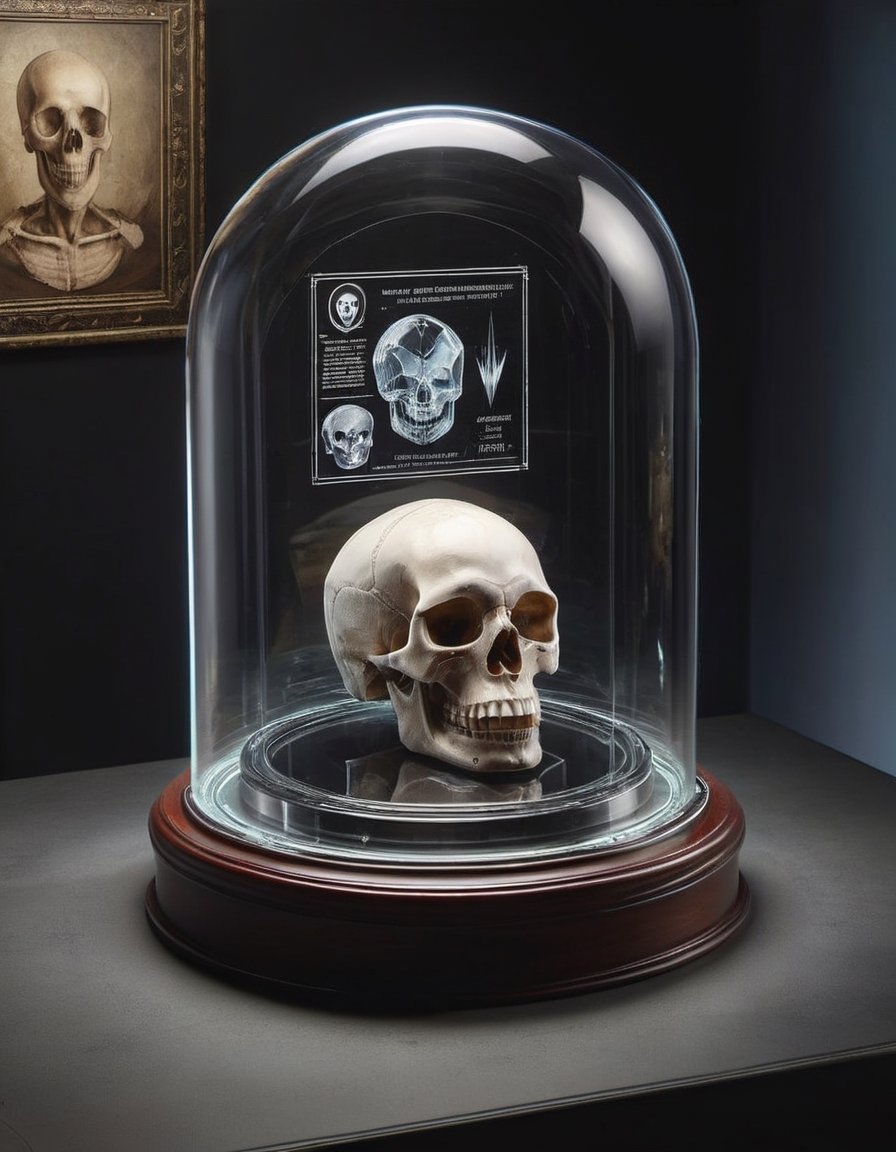 round domed display case for a human skull carved from a solid block of crystal diamond 