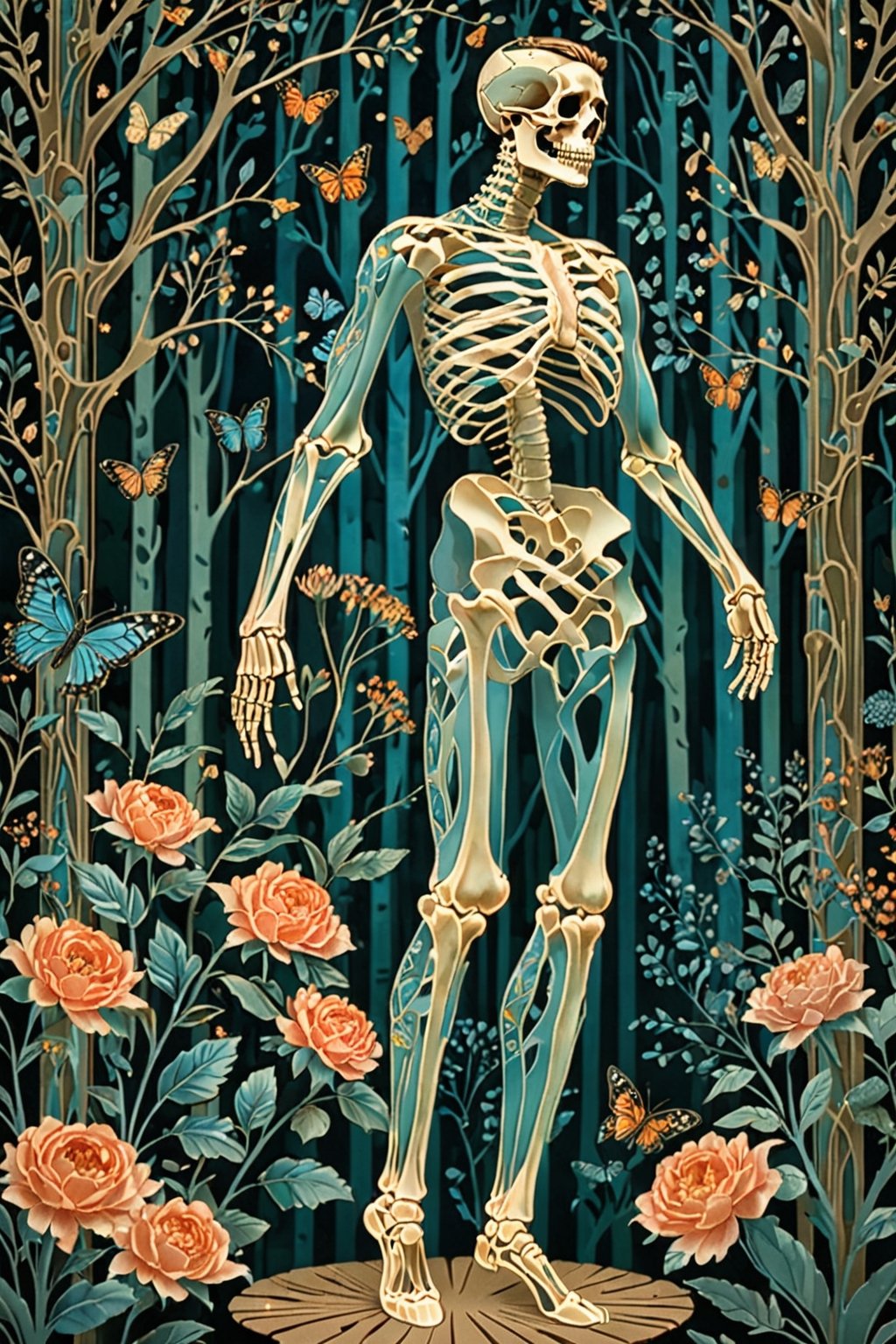 A majestic male ballet dancer with intricate blue metal patterns adorning his skeletal structure. The dancer stands amidst a serene forest theater backdrop, surrounded by various fake cardboard trees, flowers, and butterflies. The color palette is dominated by soft pastels, with the manr's skeleton shining, being the most prominent feature, contrasting beautifully with the background elements.