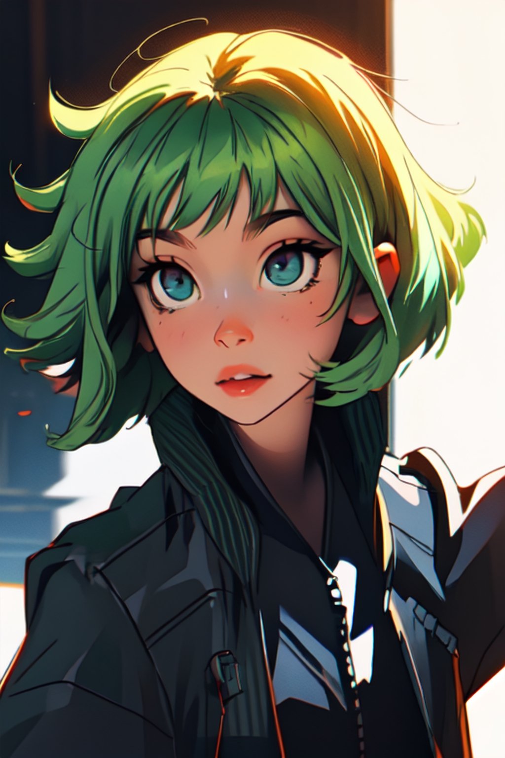 Megpoid Gumi ((short green hair)), ((black jacket)), portrait, good proportions, stunning body, good hands, deep shadows in the eyes, draw by SAM YANG