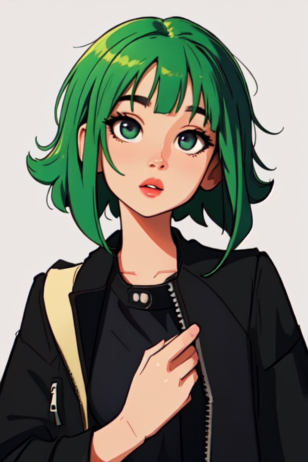 Megpoid Gumi ((short green hair)), ((black jacket)), portrait, good proportions, stunning body, good hands, deep shadows in the eyes, draw by SAM YANG