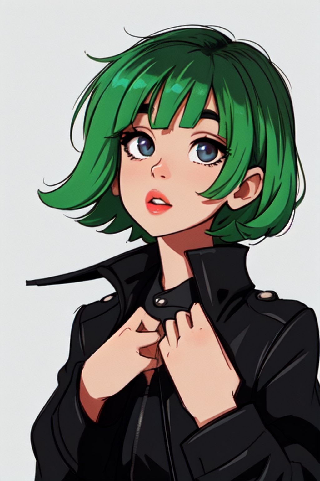 Megpoid Gumi ((short green hair)), ((black jacket)), portrait, good proportions, stunning body, good hands, deep shadows in the eyes, draw by SAM YANG