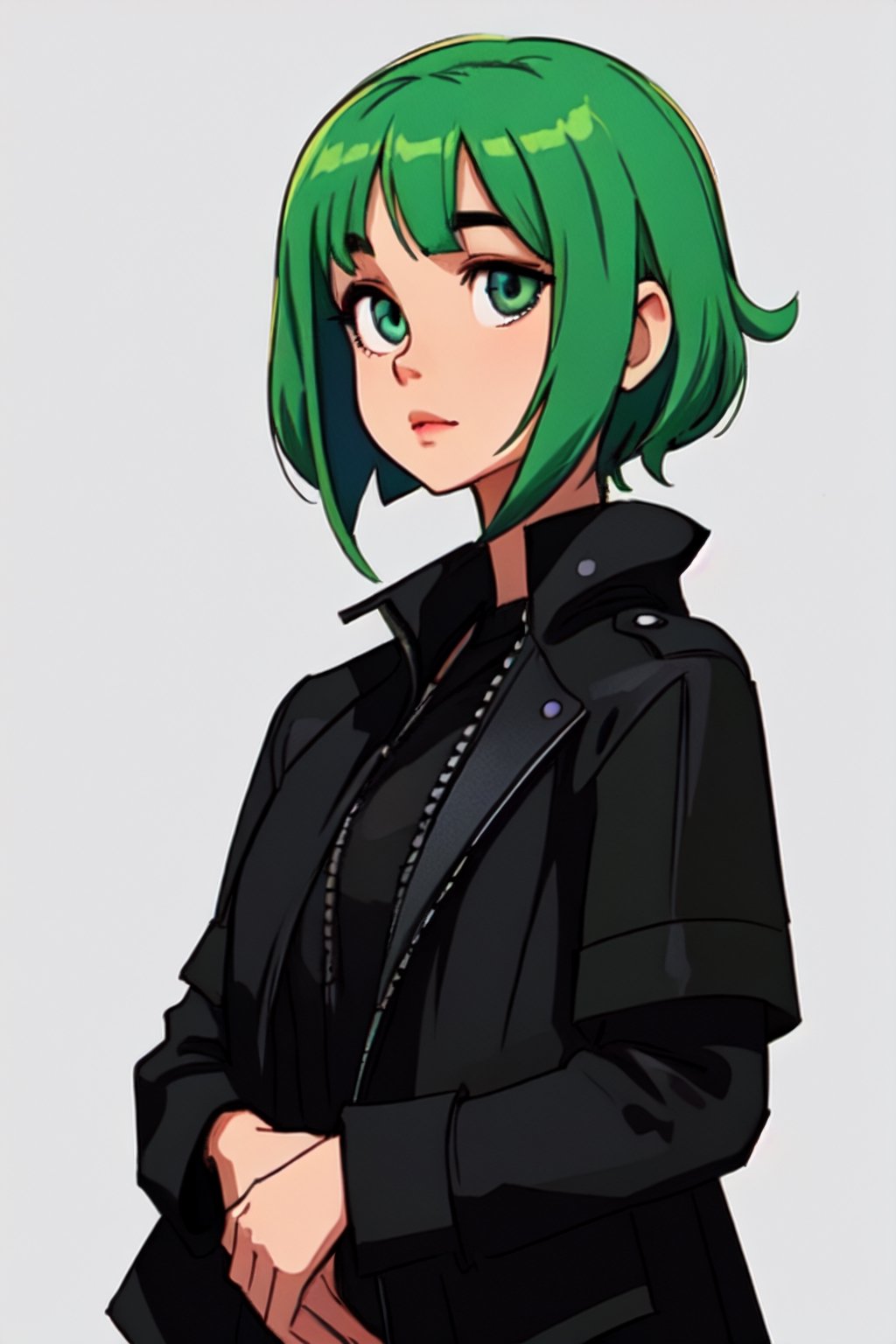 Megpoid Gumi ((short green hair)), ((black jacket)), portrait, good proportions, stunning body, good hands, deep shadows in the eyes, draw by SAM YANG