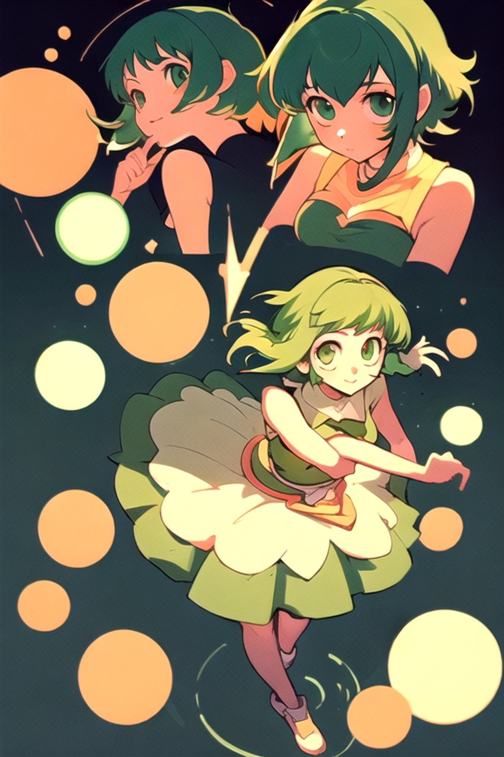 (best quality, masterpiece), soft lighting, dynamic upper angle, 1girl, Megpoid Gumi, beautiful short hair with two large bangs, beautiful detailed eyes, simple design, rounded boobs, upper view, green hair, green eyes, original detailed dress, cool pose, deep shadows in the eyes, cute face proportions,GUMI,Megpoid