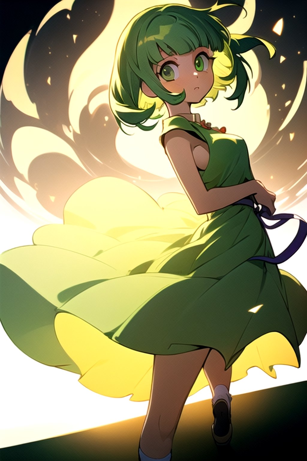 (best quality, masterpiece), soft lighting, dynamic upper angle, 1girl, Megpoid Gumi, beautiful short hair with two large bangs, beautiful detailed eyes, simple design, rounded boobs, upper view, green hair, green eyes, original detailed dress, cool pose, deep shadows in the eyes