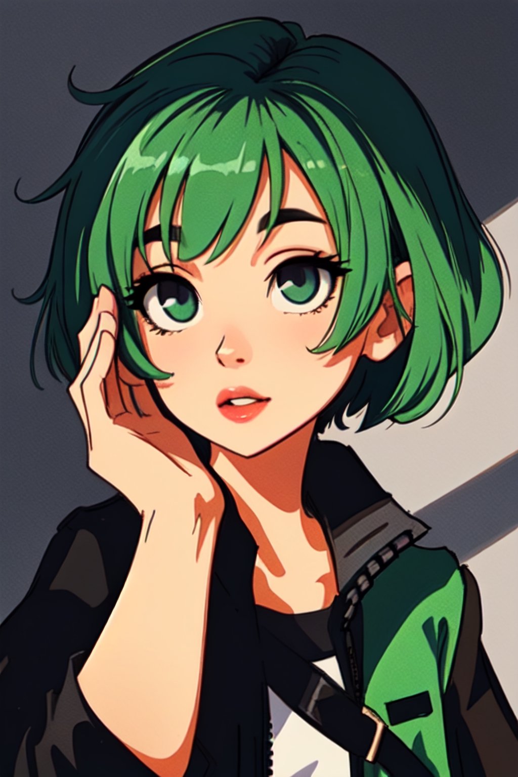 Megpoid Gumi ((short green hair)), ((black jacket)), portrait, good proportions, stunning body, good hands, deep shadows in the eyes, draw by SAM YANG